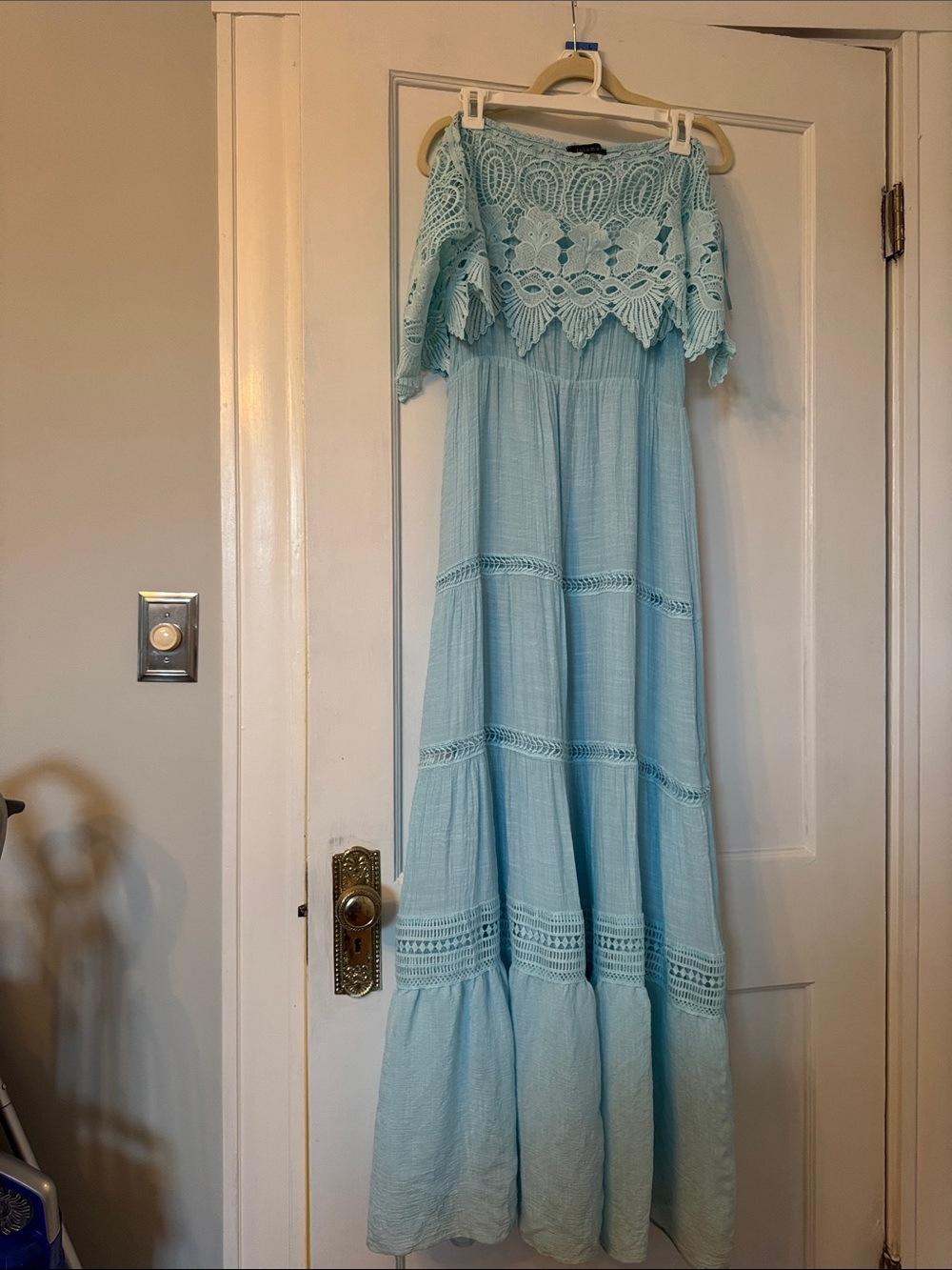 Lulumari Light Blue Crochet Off-Shoulder Maxi Dress
